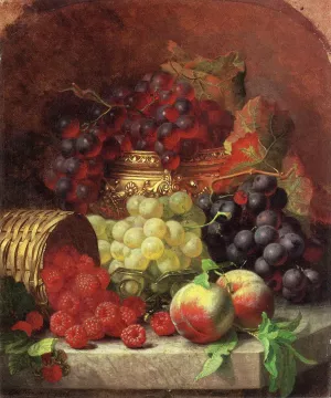 Black Grapes in a Gilt Bowl, Black and White Grapes in a Crystal Bowl, Peaches,Raspberries in a Wicker Basket and a Wasp on a Marble Ledge by Eloise Harriet Stannard Oil Painting