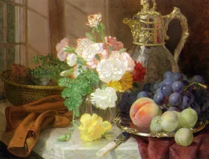 Carnations in a Glass Vase on a Draped Marble Ledge by Eloise Harriet Stannard - Oil Painting Reproduction