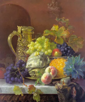 Fruits on a Tray with a Silver Flagon on a Marble Ledge by Eloise Harriet Stannard Oil Painting