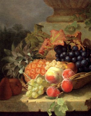 Peaches, Grapes and a Pineapple In a Basket, On a Stone Ledge by Eloise Harriet Stannard Oil Painting