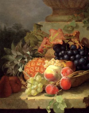 Peaches, Grapes and a Pineapple In a Basket, On a Stone Ledge by Eloise Harriet Stannard - Oil Painting Reproduction