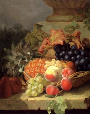 Peaches, Grapes and a Pineapple In a Basket, On a Stone Ledge Oil Painting by Eloise Harriet Stannard - Bestsellers