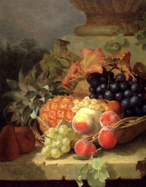 Peaches, Grapes and a Pineapple In a Basket, On a Stone Ledge by Eloise Harriet Stannard - Hand-Painted Oil Painting Reproduction