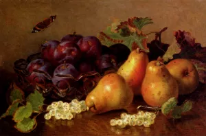 Still Life with Pears, Plums in a Glass Bowl and White Currants on a Table painting by Eloise Harriet Stannard