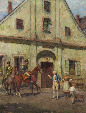 In front of the Town Hall in Oderberg by Emanuel Bachrach-Baree Oil Painting