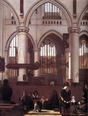 The Interior of the Oude Kerk, Amsterdam, during a Sermon painting by Emanuel De Witte
