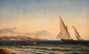 Aften ved Middelhavet. I baggrunden Marseille og oen If by Emanuel Larsen Oil Painting