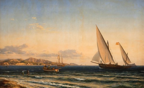 Aften ved Middelhavet. I baggrunden Marseille og oen If  by Emanuel Larsen - Hand-Painted Oil Painting Reproduction