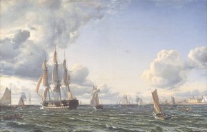Linieskibet 'Valdemar' krydser Sundet ind for en frisk bramsejlskuling by Emanuel Larsen Oil Painting