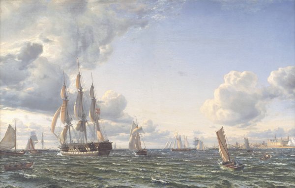 Linieskibet 'Valdemar' krydser Sundet ind for en frisk bramsejlskuling  by Emanuel Larsen - Hand-Painted Oil Painting Reproduction