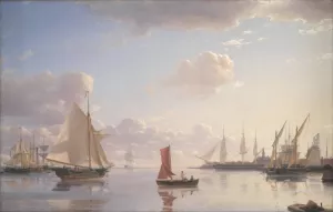 View from Langelinie towards the Royal naval Dockyards at Nyholm, Copenhagen. Morning Light by Emanuel Larsen Oil Painting