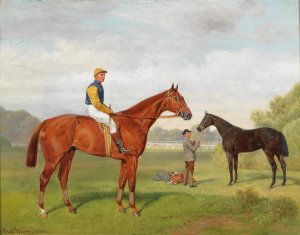 arulo and Komamasszony from the estate of Baron Hermann von KOnigswarter with jockey Robert Adams by Emil Adam Oil Painting