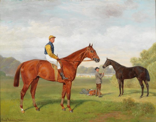 arulo and Komamasszony from the estate of Baron Hermann von KOnigswarter with jockey Robert Adams by Emil Adam - Hand-Painted Oil Painting Reproduction