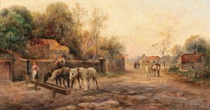 A Country Road, Horses near a Watering Place by Emil Barbarini Oil Painting