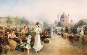 A Flower Market before the Church of St. Charles, Vienna by Emil Barbarini Oil Painting