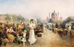 A Flower Market before the Church of St. Charles, Vienna Oil painting by Emil Barbarini