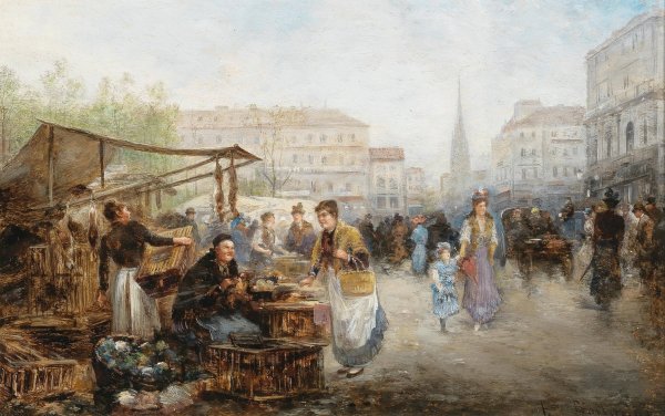 A Market Scene in Vienna by Emil Barbarini - Hand-Painted Oil Painting Reproduction
