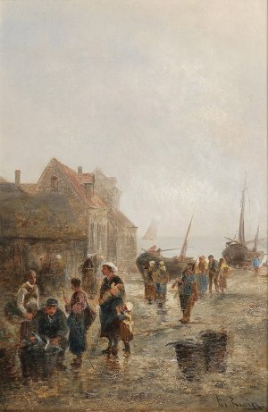 Busy Activity in a Fishing Village by Emil Barbarini Oil Painting