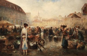Flower Market in Krems by Emil Barbarini Oil Painting