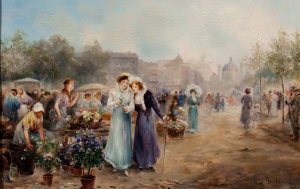 Flower Market near Vienna's St. Charles'Church by Emil Barbarini Oil Painting