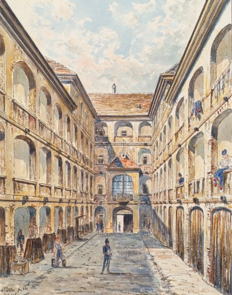 Der erste Hof der Salzgries-Kaserne in Wien  by Emil Hutter - Hand-Painted Oil Painting Reproduction