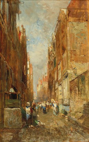 A street in the Amsterdam Jewish Quarter by Emil Jakob Schindler Oil Painting