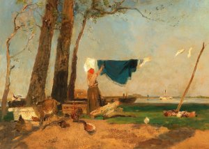 A washerwoman on the Danube bank, near the Praterspitz by Emil Jakob Schindler Oil Painting