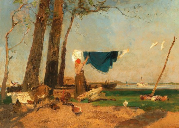 A washerwoman on the Danube bank, near the Praterspitz  by Emil Jakob Schindler - Hand-Painted Oil Painting Reproduction