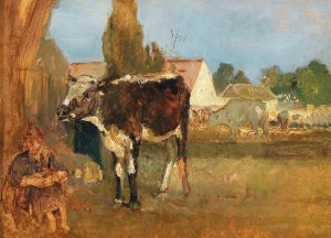 Animal Study - Landscape with Farmhouse, Cows and Farmer's Wife by Emil Jakob Schindler Oil Painting