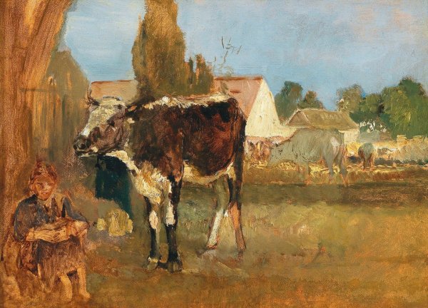 Animal Study - Landscape with Farmhouse, Cows and Farmer's Wife by Emil Jakob Schindler - Hand-Painted Oil Painting Reproduction