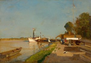 Die Dampfschiffstation an der Donau gegenuber Kaisermuhlen by Emil Jakob Schindler Oil Painting