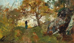 Woodland Path with decorative figures by Emil Jakob Schindler Oil Painting