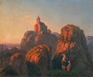 Landschaft mit Kirche am Abend by Emil Ludwig Lohr Oil Painting