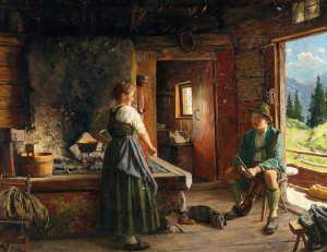 A Hunter Resting in an Alpine Hut by Emil Rau Oil Painting