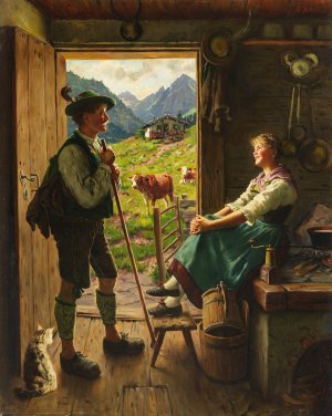 Besuch auf der Alm by Emil Rau Oil Painting