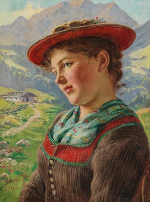 Girl in a Mountain Setting by Emil Rau Oil Painting