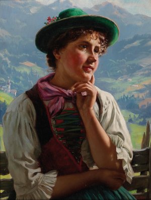 Girl in Traditional Costume in an Alpine Landscape by Emil Rau Oil Painting