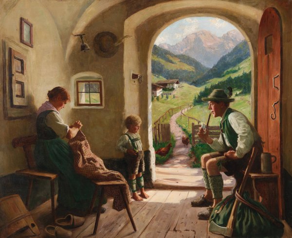 Idyllic Family Scene by Emil Rau - Hand-Painted Oil Painting Reproduction