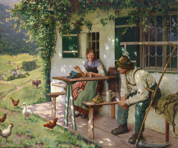 Junges Paar vor einem Bauernhaus by Emil Rau - Hand-Painted Oil Painting Reproduction