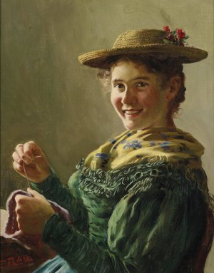 Nahendes Bauerndirndl by Emil Rau Oil Painting