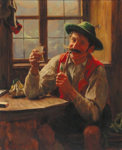 Young Farmer with Pipe by Emil Rau - Hand-Painted Oil Painting Reproduction