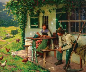 Young Farming Couple in Upper Bavaria by Emil Rau Oil Painting