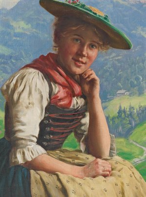 Young Lass set against a Landscape by Emil Rau Oil Painting