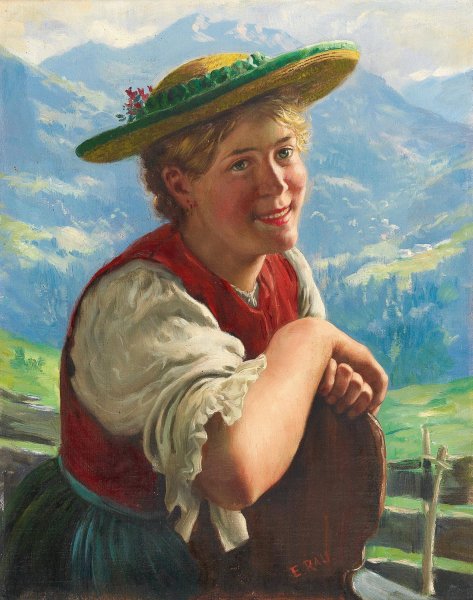 Young Lass Smiling by Emil Rau - Hand-Painted Oil Painting Reproduction