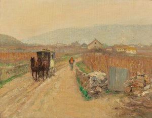 Coach on a Village Road by Emil Strecker Oil Painting