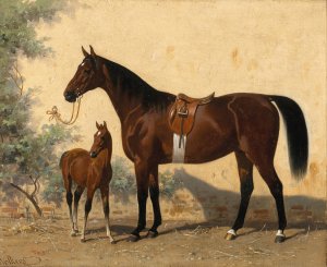 A Bay Horse with Foal by Emil Volkers Oil Painting