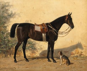 A Black Horse with a Dog by Emil Volkers Oil Painting