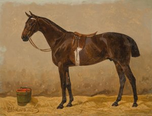 A Saddled Bay Horse in a Stable by Emil Volkers Oil Painting