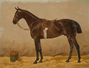 A Saddled Bay Horse in a Stable by Emil Volkers Oil Painting