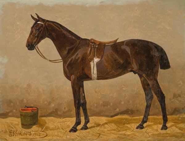 Main Product Photo of A Saddled Bay Horse in a Stable  Painting by Emil Volkers